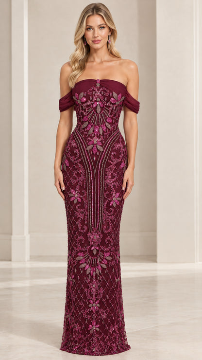 Burgundy off-the-shoulder embellished evening dress