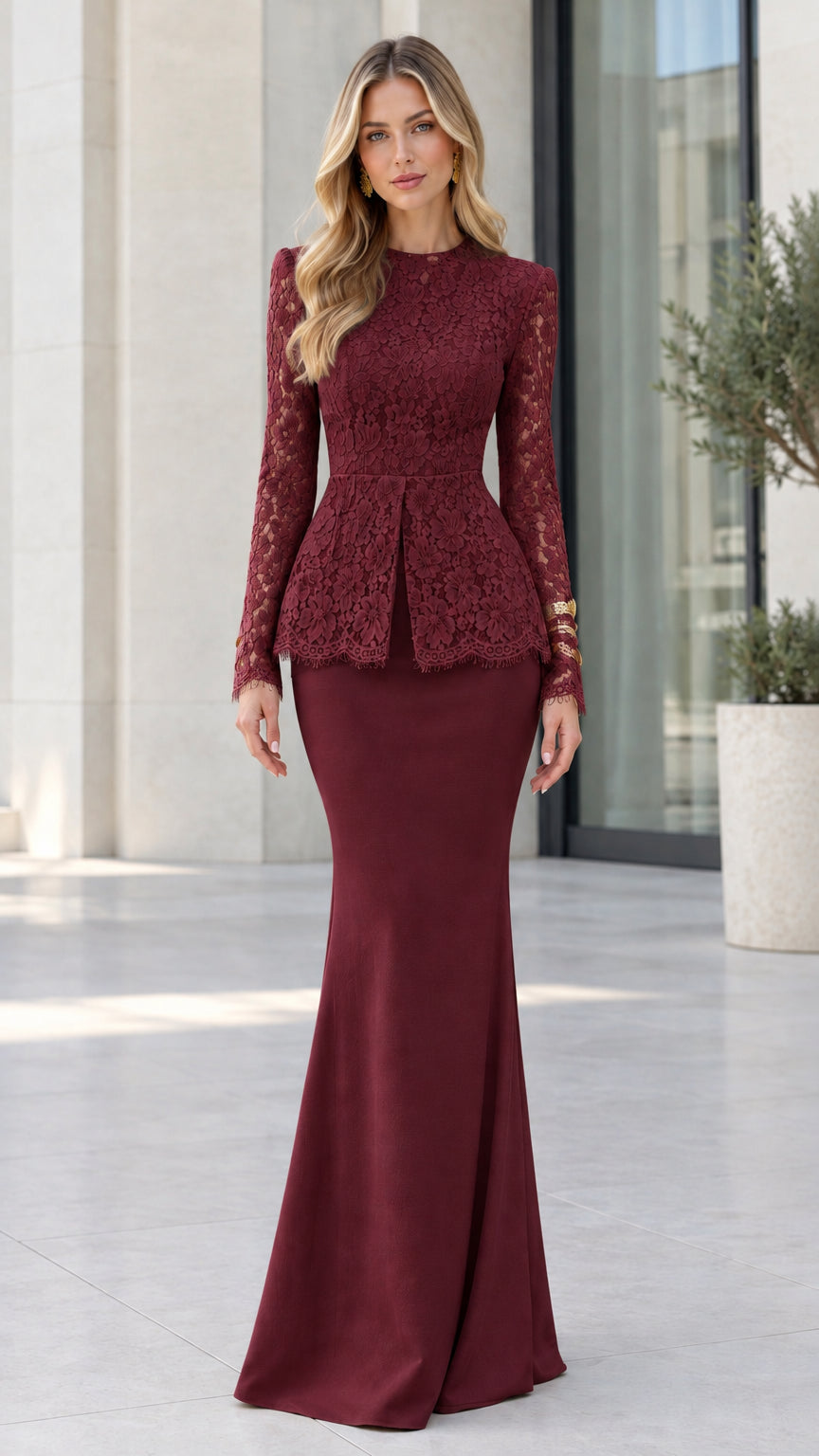 Front view of woman wearing burgundy wine lace peplum formal dress