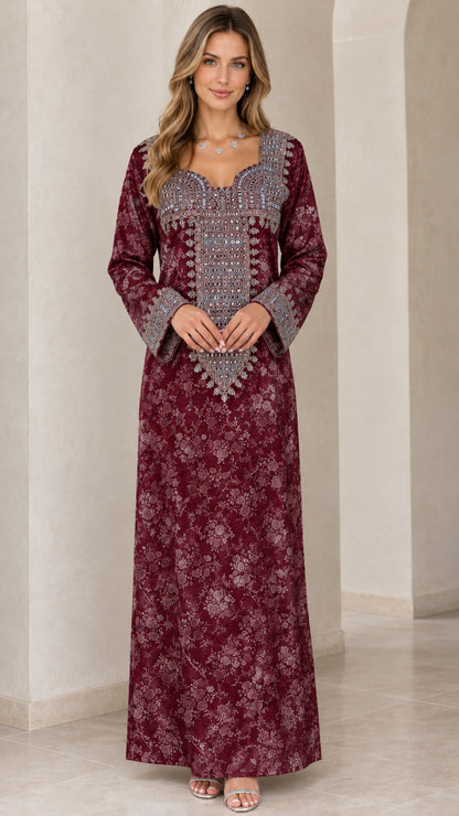 Burgundy wine red embroidered maxi kaftan dress