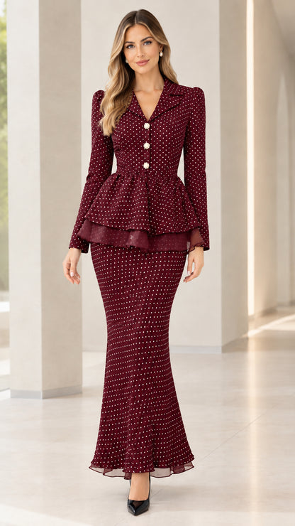Full-length view of burgundy polka dot peplum skirt set