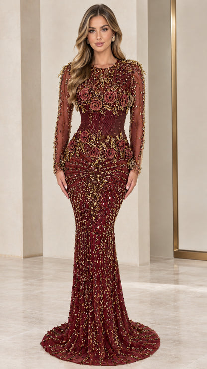 Front view of rich burgundy red beaded illusion evening gown with floral appliqué