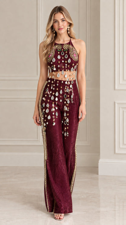 Burgundy wine embellished halter crop top and wide-leg pant co-ord