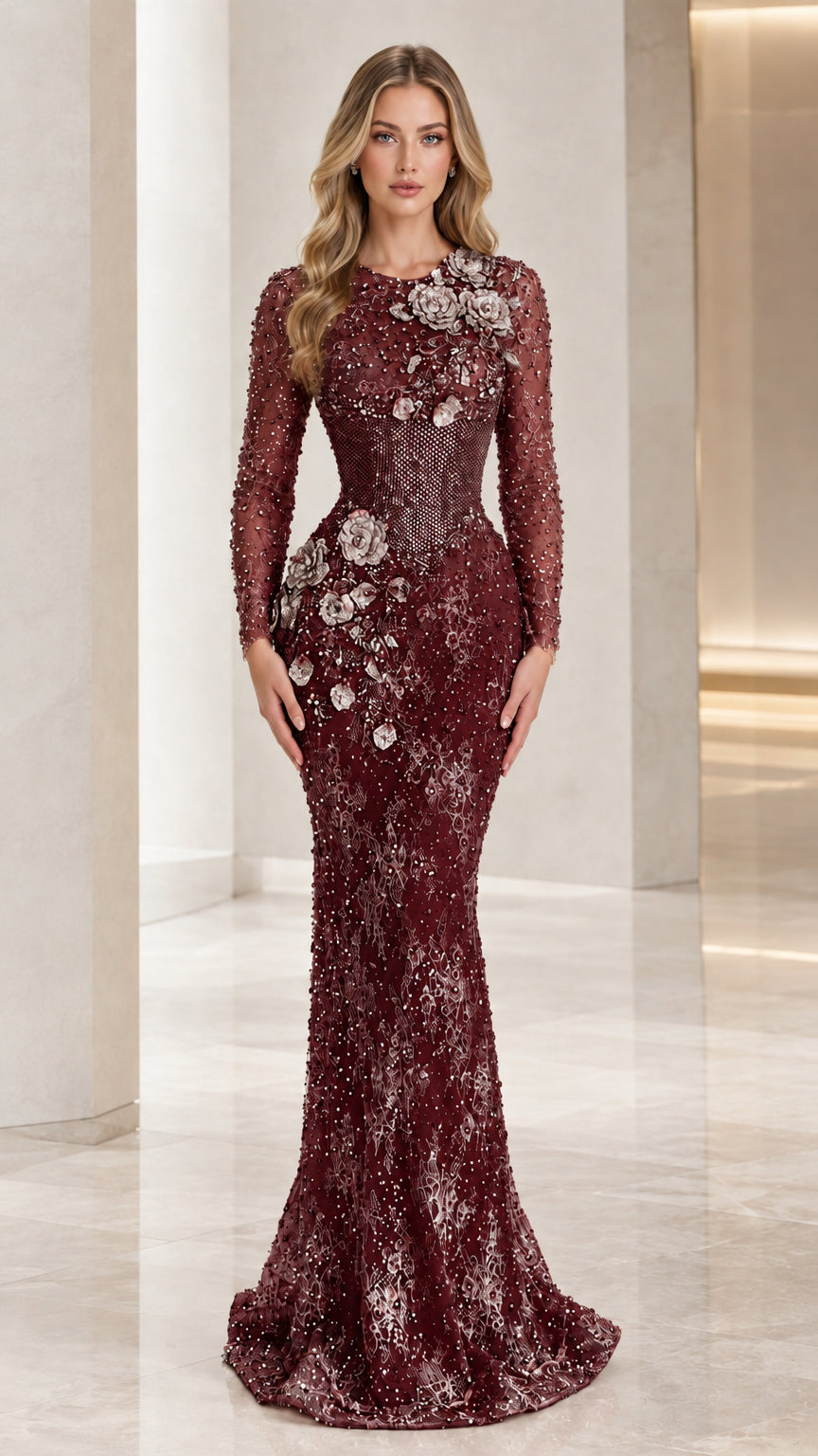 Burgundy beaded long sleeve mermaid formal evening gown
