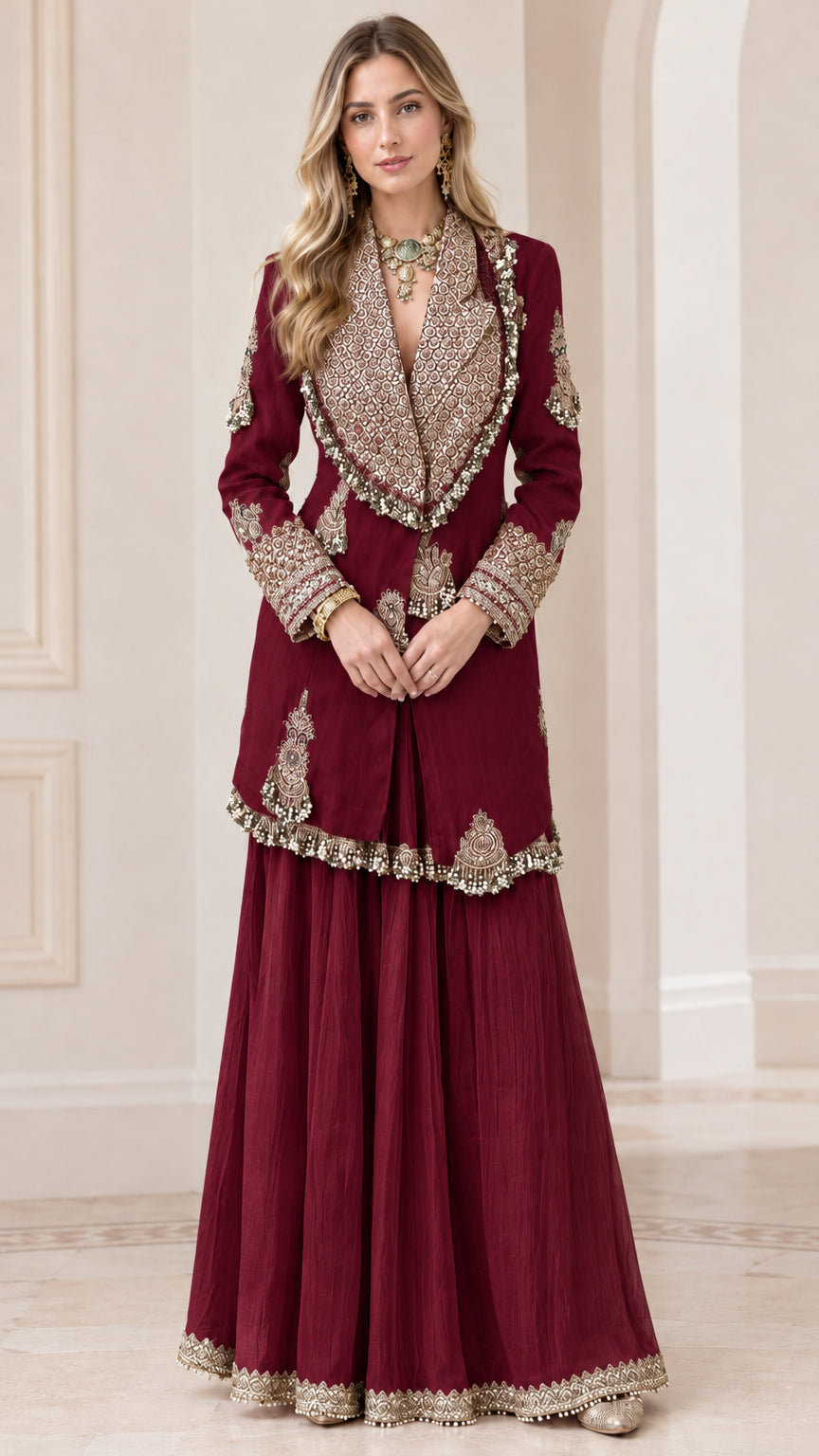 Maroon burgundy embroidered festive jacket and sharara outfit