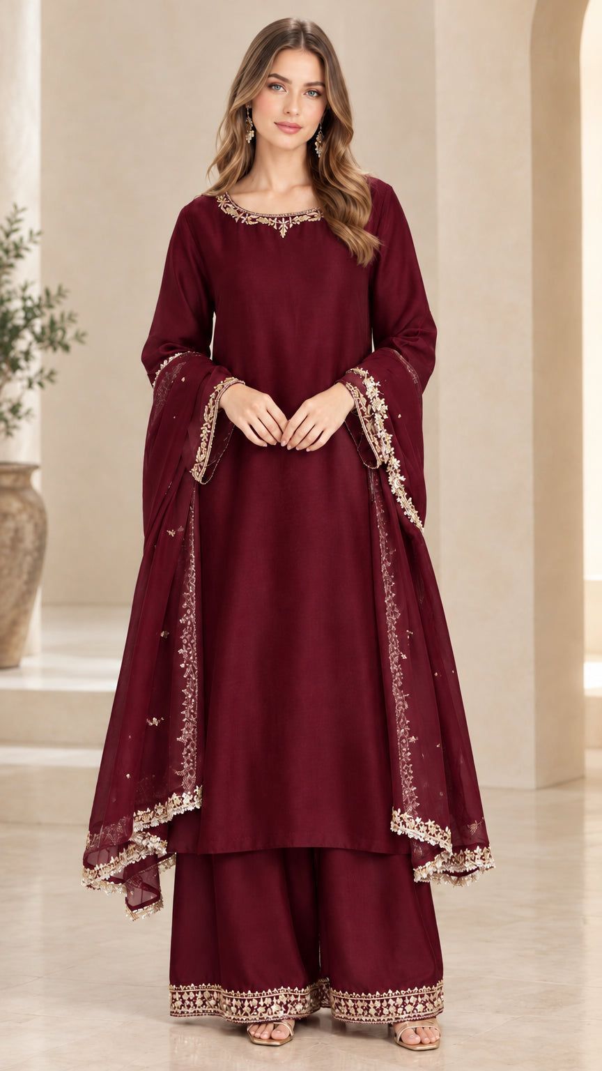 Maroon wine embroidered ethnic kurta suit set with dupatta