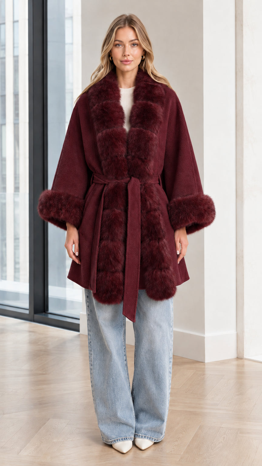 Model wearing Burgundy faux fur trim belted cape coat
