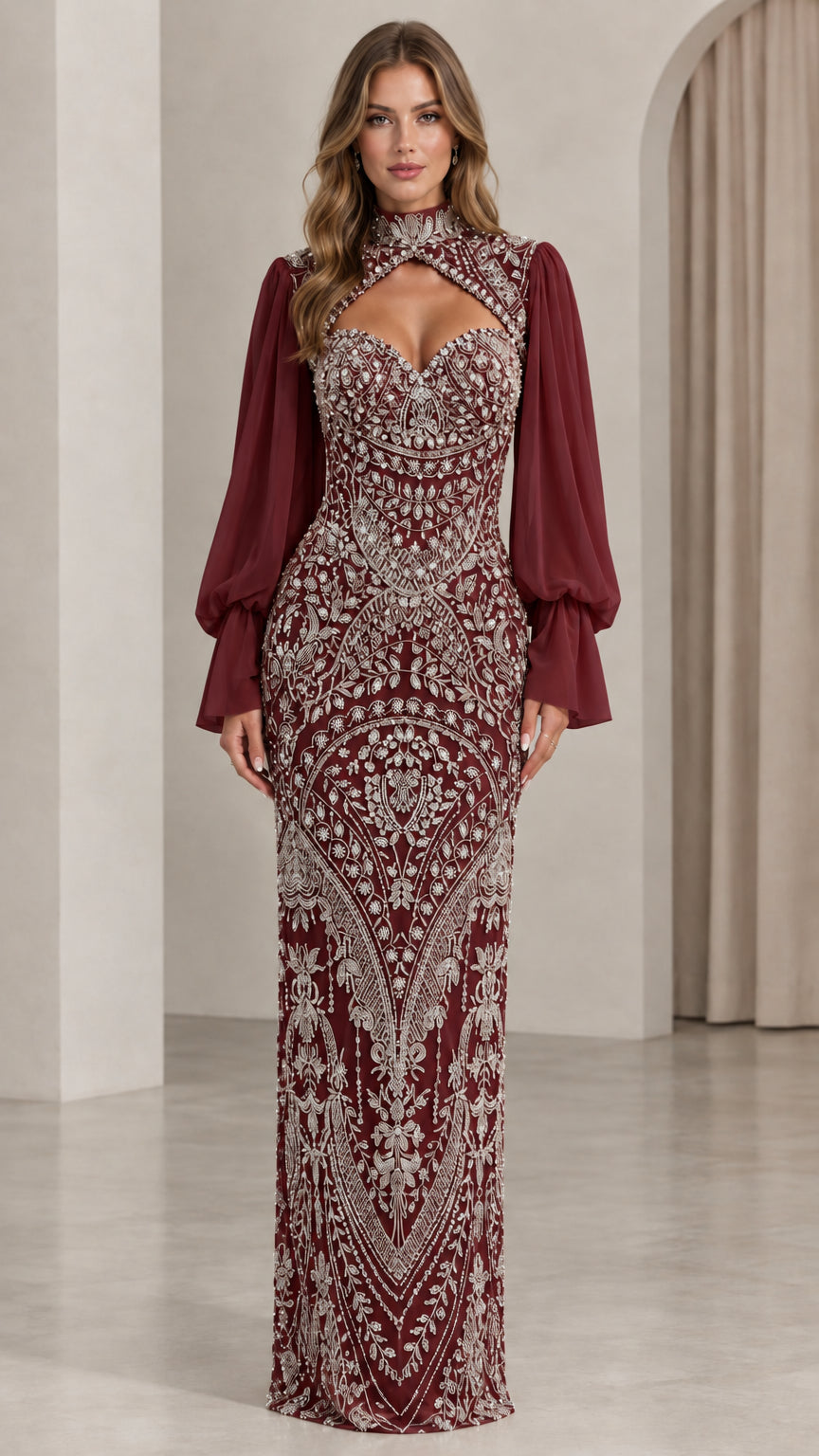 Burgundy wine sequin cutout evening gown with balloon sleeves