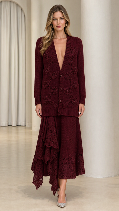 Model wearing burgundy red floral applique cardigan and tiered lace midi skirt set