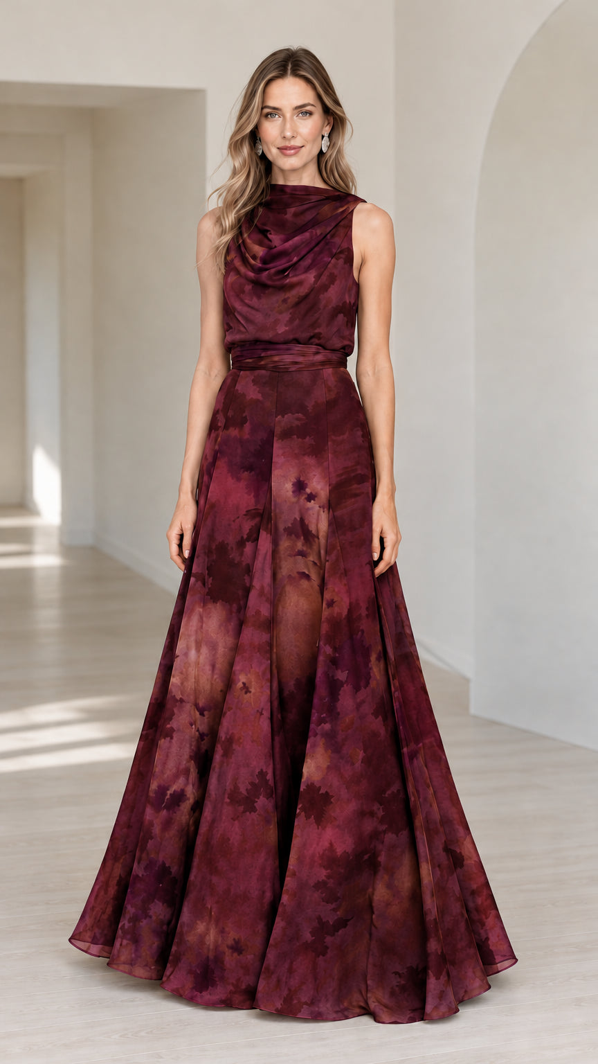 Front view of woman wearing burgundy red watercolor print sleeveless evening gown