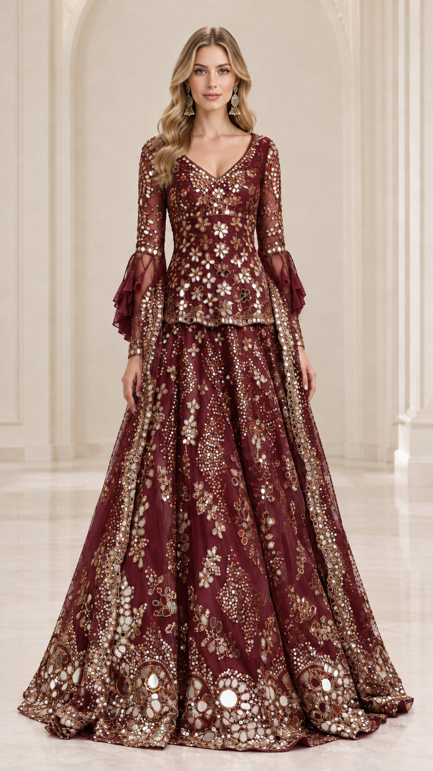 Front view of model wearing Burgundy wine embellished formal maxi set