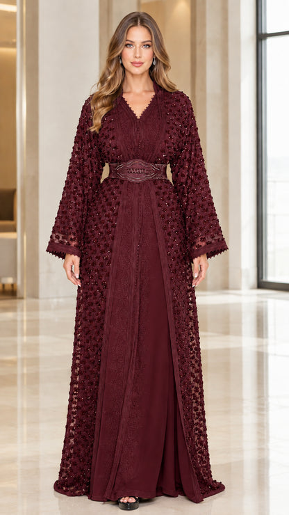 Front view of burgundy wine beaded lace kaftan dress