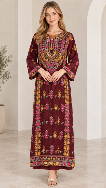 Front view of burgundy floral embroidered maxi kaftan dress