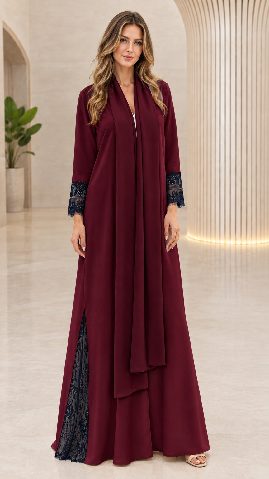 Front full-length view of burgundy red lace-trim modest maxi abaya dress