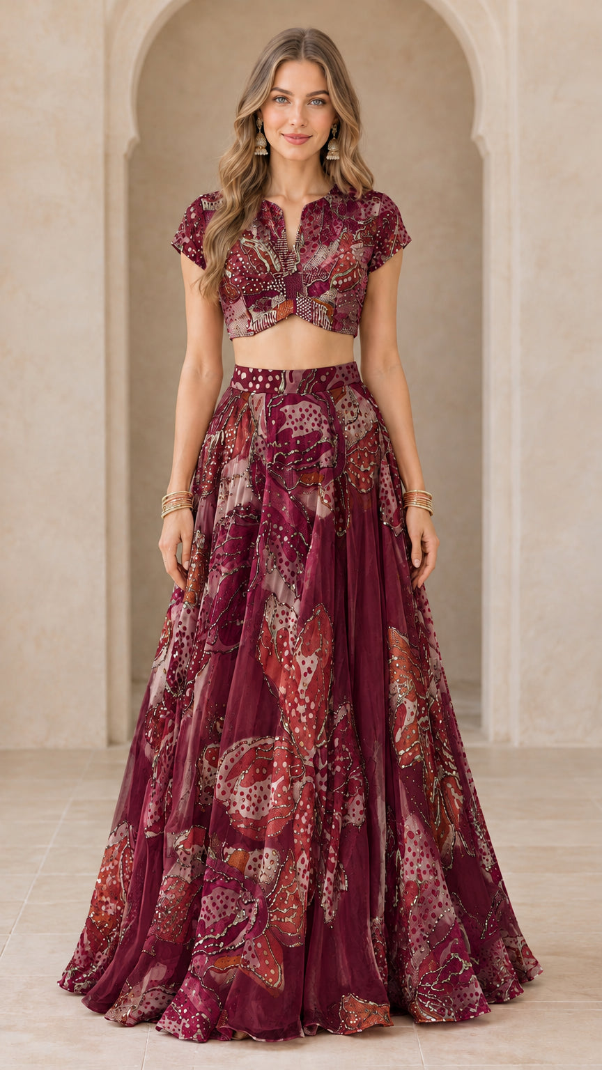 Wine burgundy printed two-piece crop top and maxi skirt set front view