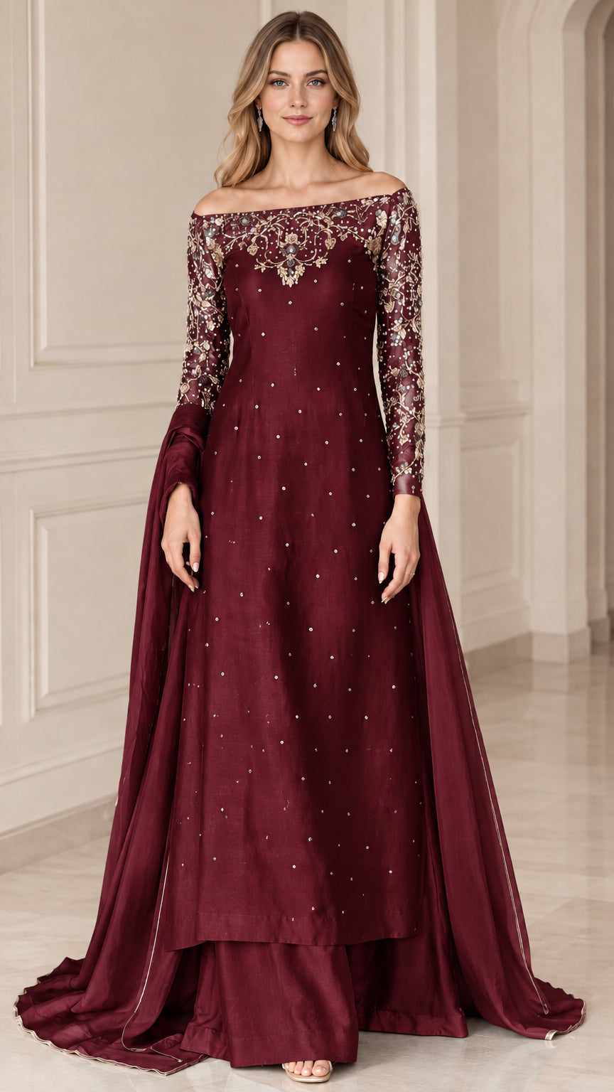 Burgundy wine red embellished evening dress set with delicate sequined neckline