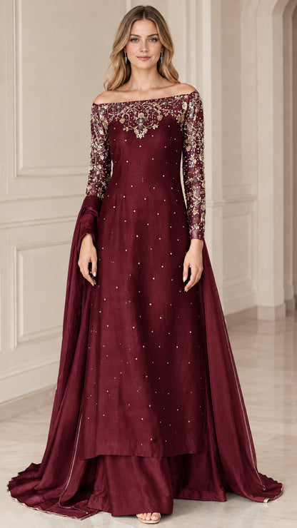 Burgundy wine red embellished evening dress set with delicate sequined neckline