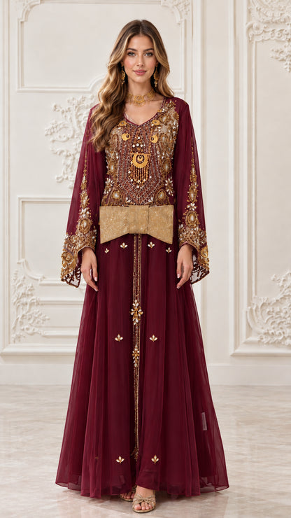 Front view of burgundy wine red gold-embroidered kaftan maxi dress