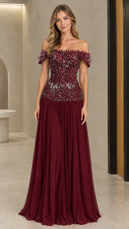 Front view of rich burgundy off-the-shoulder beaded evening maxi dress