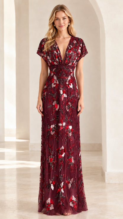 Front view of burgundy floral beaded V-neck evening gown