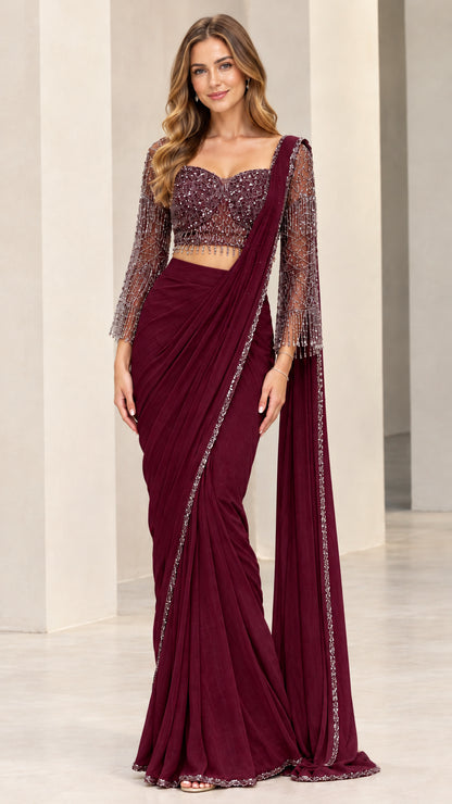 Burgundy wine ready-to-wear saree set with embroidered blouse