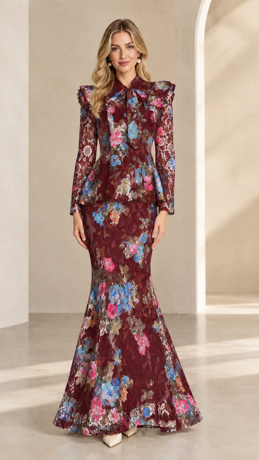 Burgundy wine floral lace long sleeve formal peplum set