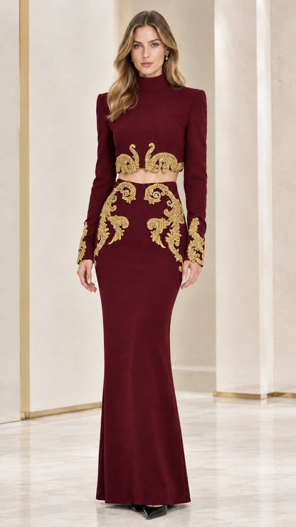 Front full-length view of Burgundy red two-piece evening dress with gold embroidery