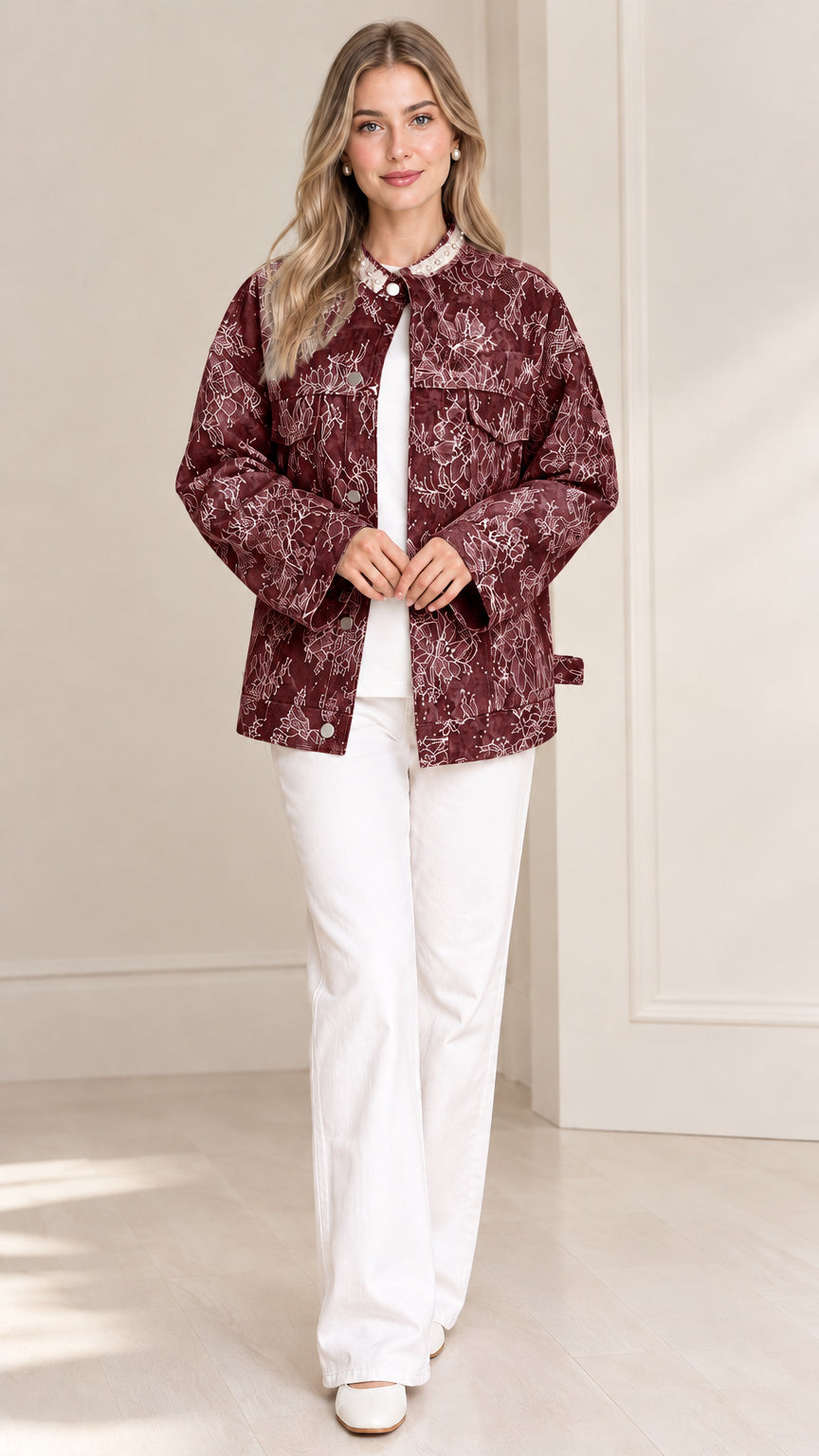 Model wearing burgundy wine red floral lace jacket with pearl collar