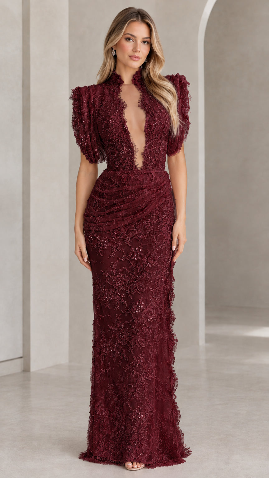 Front view of burgundy floral lace puff sleeve formal evening gown