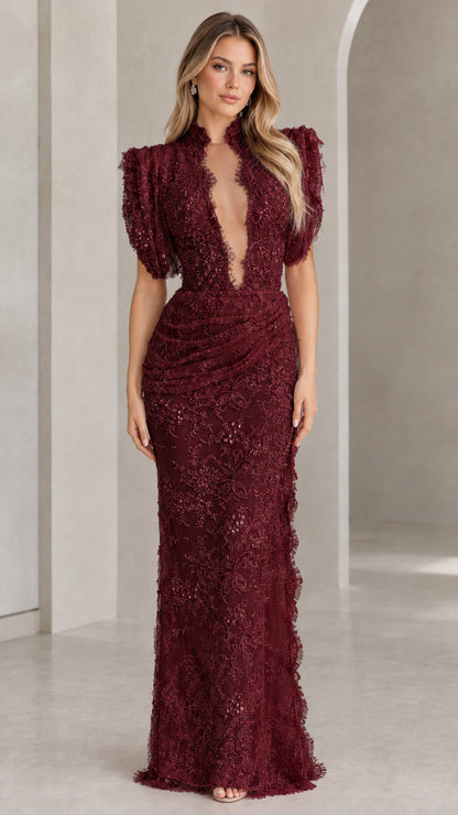 Front view of burgundy floral lace puff sleeve formal evening gown