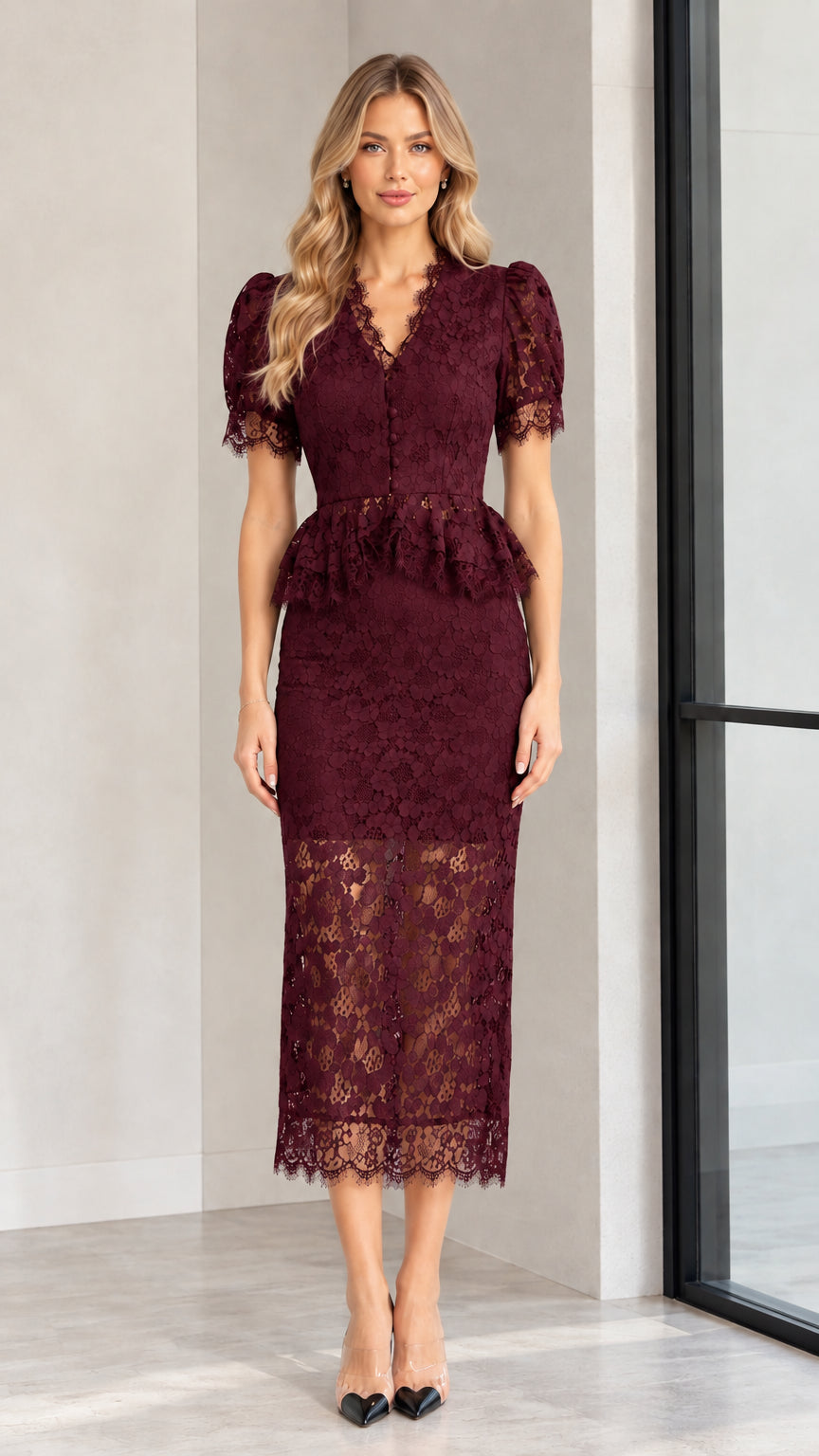 Model wearing burgundy floral lace peplum midi dress