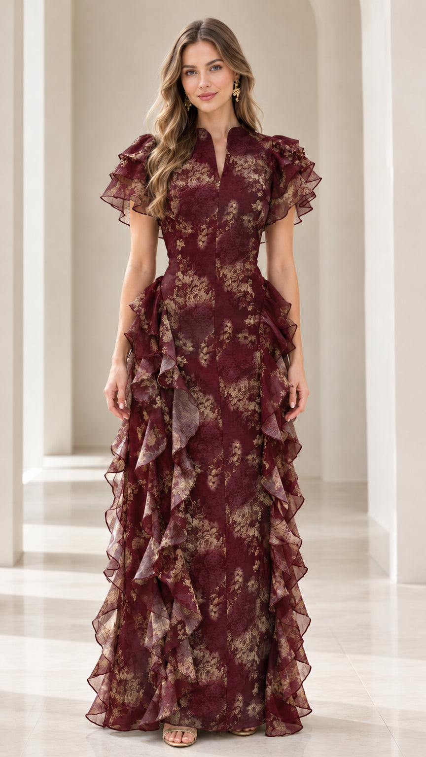 Full-length view of Burgundy red floral floor-length evening gown with ruffles