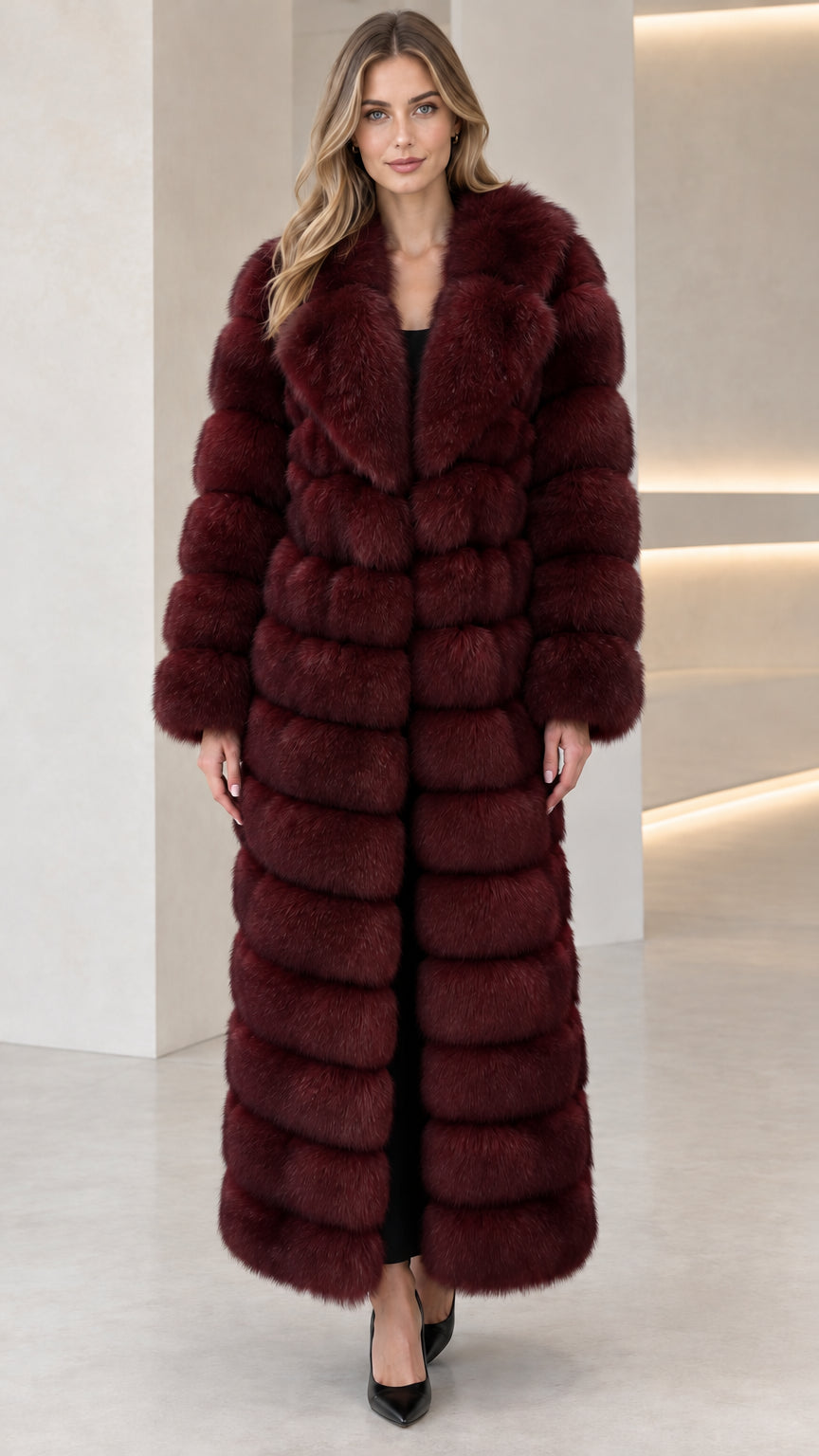 Full-length burgundy wine red faux fur maxi coat front view