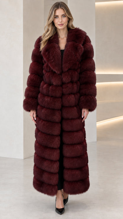 Full-length burgundy wine red faux fur maxi coat front view