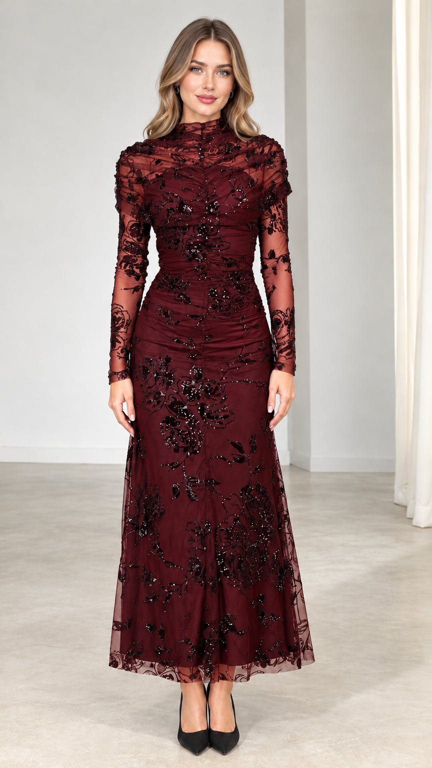Burgundy wine red floral sequin long sleeve evening maxi gown