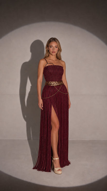 Burgundy one-shoulder fringe formal gown with high leg slit
