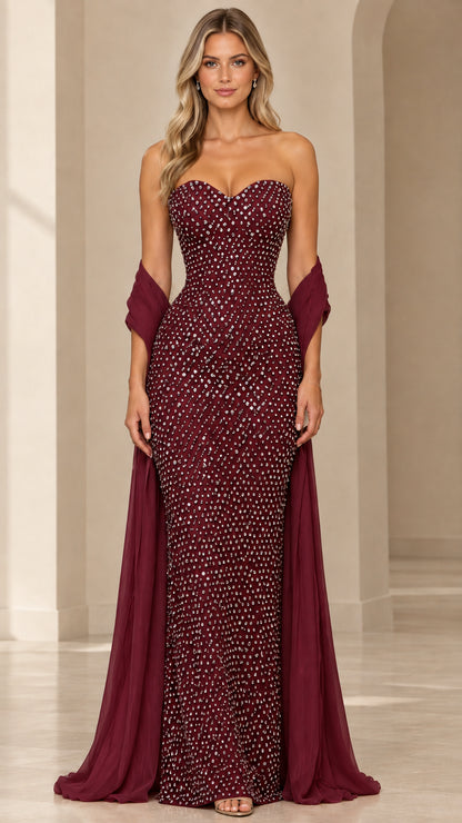 Burgundy wine strapless sparkle formal gown with matching deep red draped shawl
