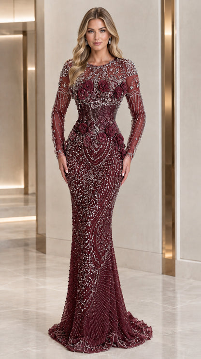 Burgundy red long sleeve 3D floral embellished evening gown