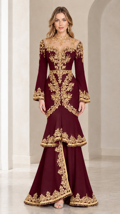 Burgundy wine red formal evening dress with gold floral embroidery