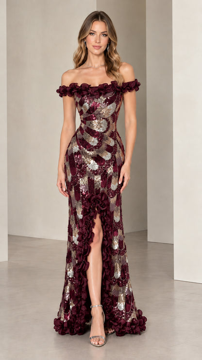 Burgundy wine sequined off-the-shoulder gown with rosette details