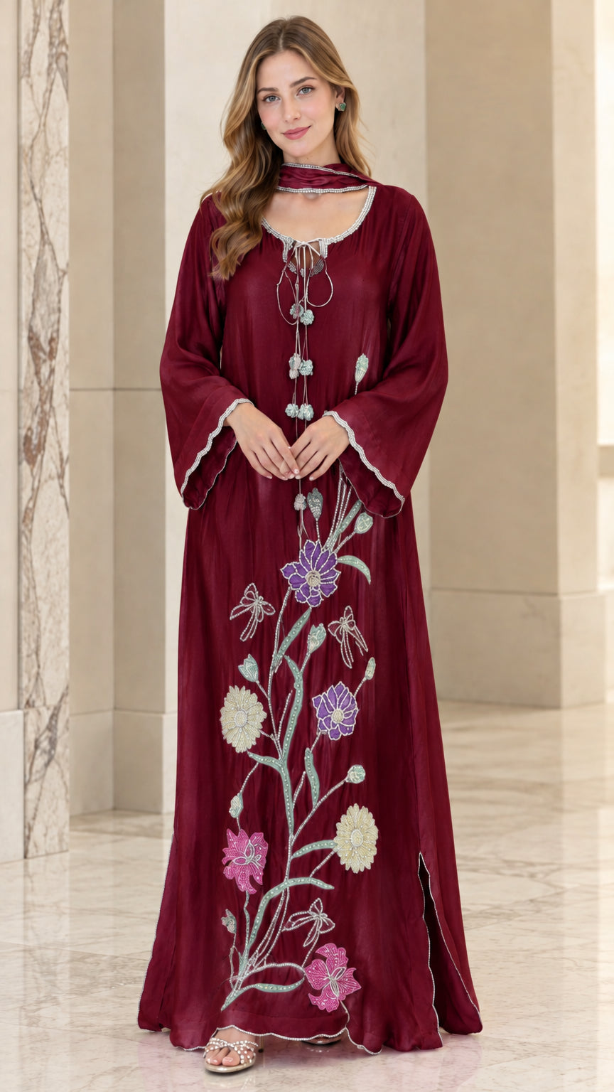 Front view of woman wearing Burgundy wine red embroidered floral kaftan dress