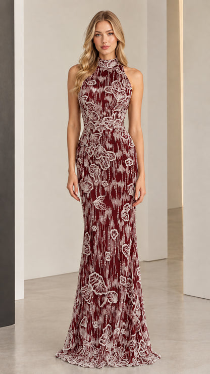 Burgundy floral halter neck maxi dress shown from the front