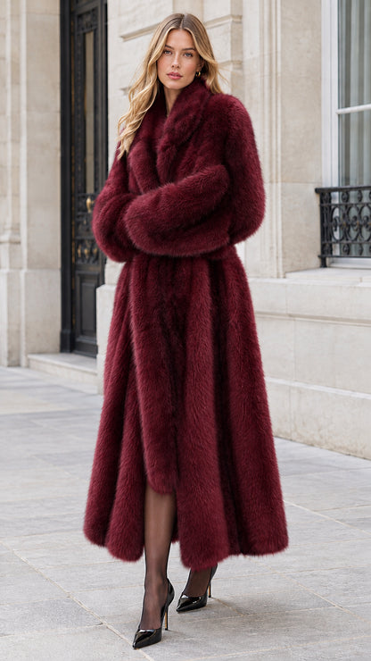 Front view of longline faux fur belted wrap coat in deep burgundy wine