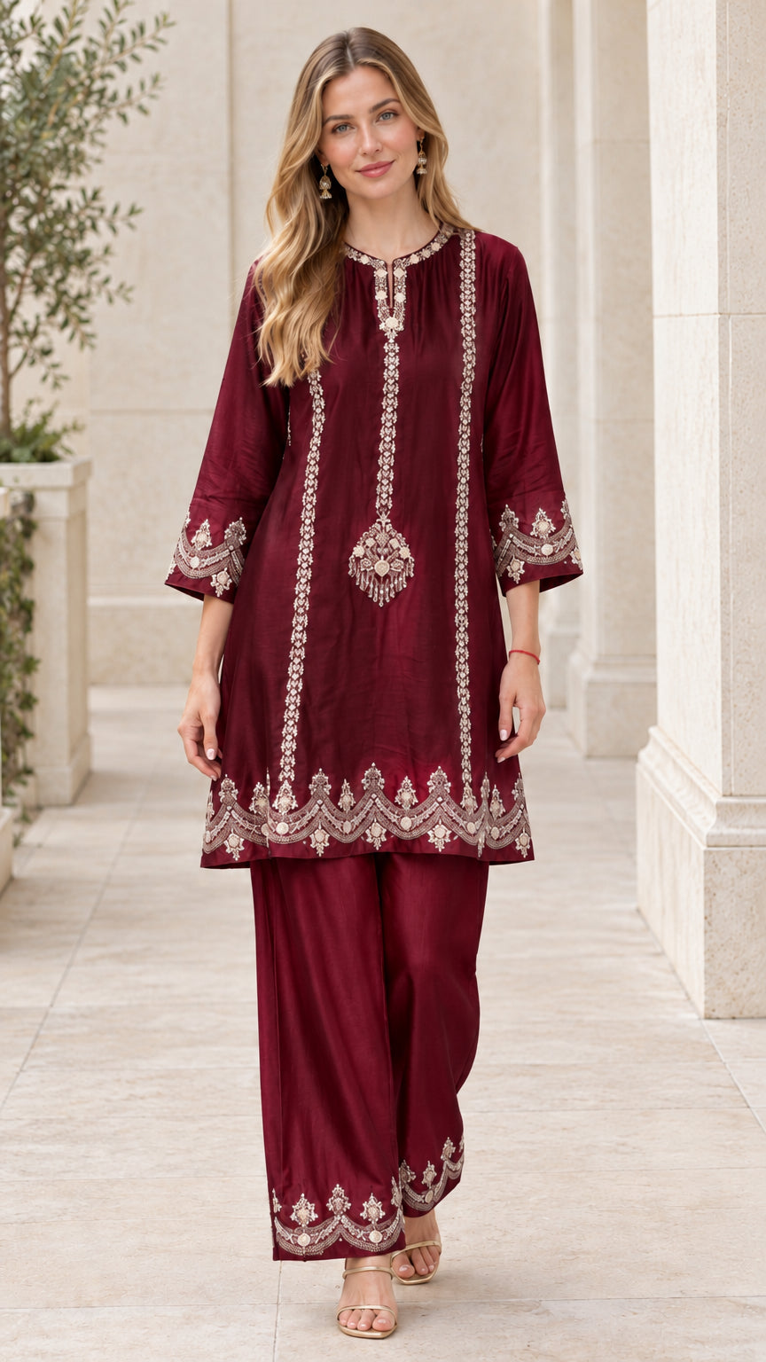 Front full-length view of burgundy red embroidered long tunic and pants outfit