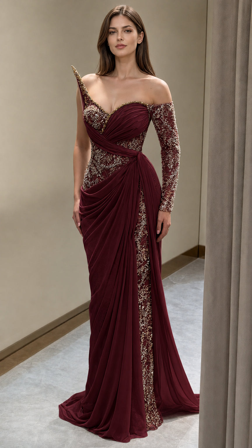 Burgundy wine red formal draped gown with shimmering sequined sleeve