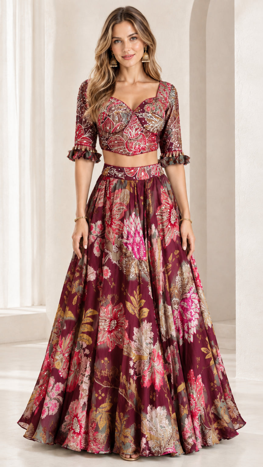 Front view of burgundy red floral print two-piece crop top and maxi skirt set