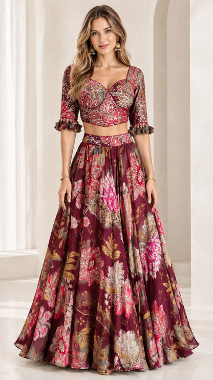 Front view of burgundy red floral print two-piece crop top and maxi skirt set
