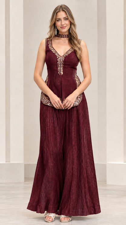 Front view of burgundy wine embroidered peplum top with matching wide-leg trousers