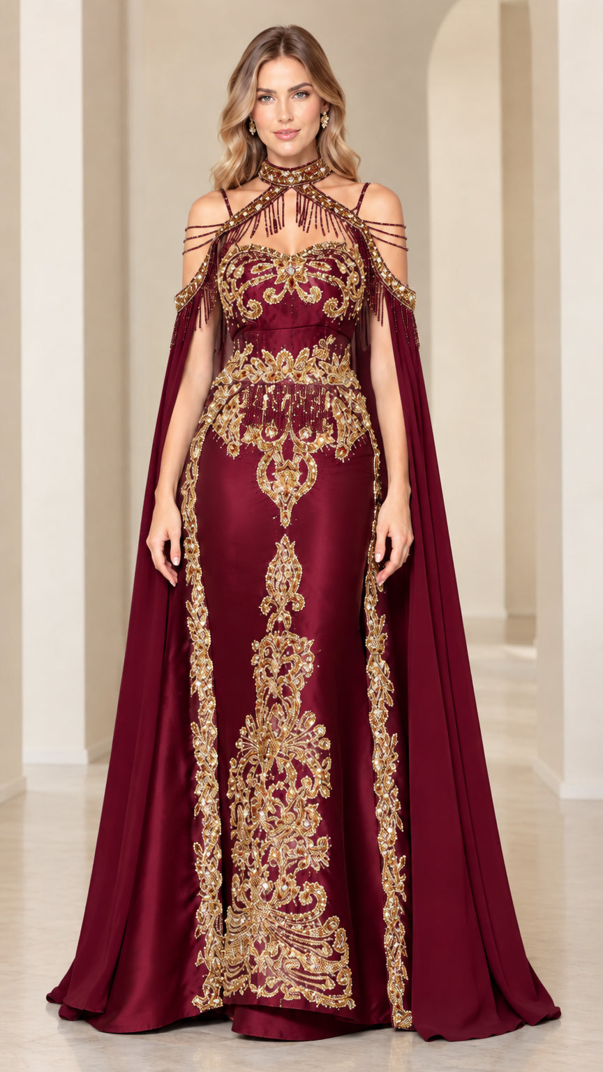 Burgundy wine formal evening dress with beaded halter and regal cape sleeves