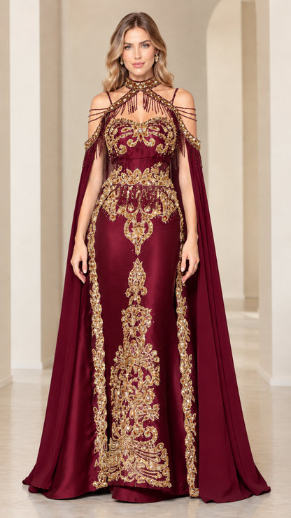 Burgundy wine formal evening dress with beaded halter and regal cape sleeves
