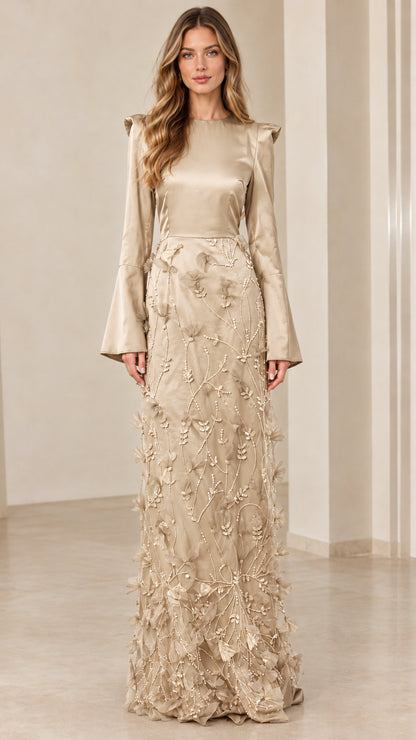 Full front view of the formal evening maxi dress in Champagne